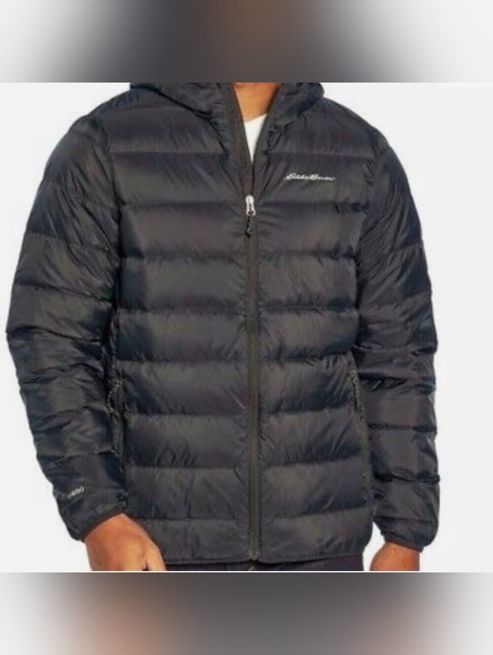 Mens Eddie Bauer Wide Channel Down Hooded Black Puffer Jacket Size Medium